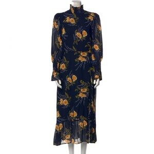 Reformation Mock Turtleneck Navy Floral Long Sleeve Dress size 8